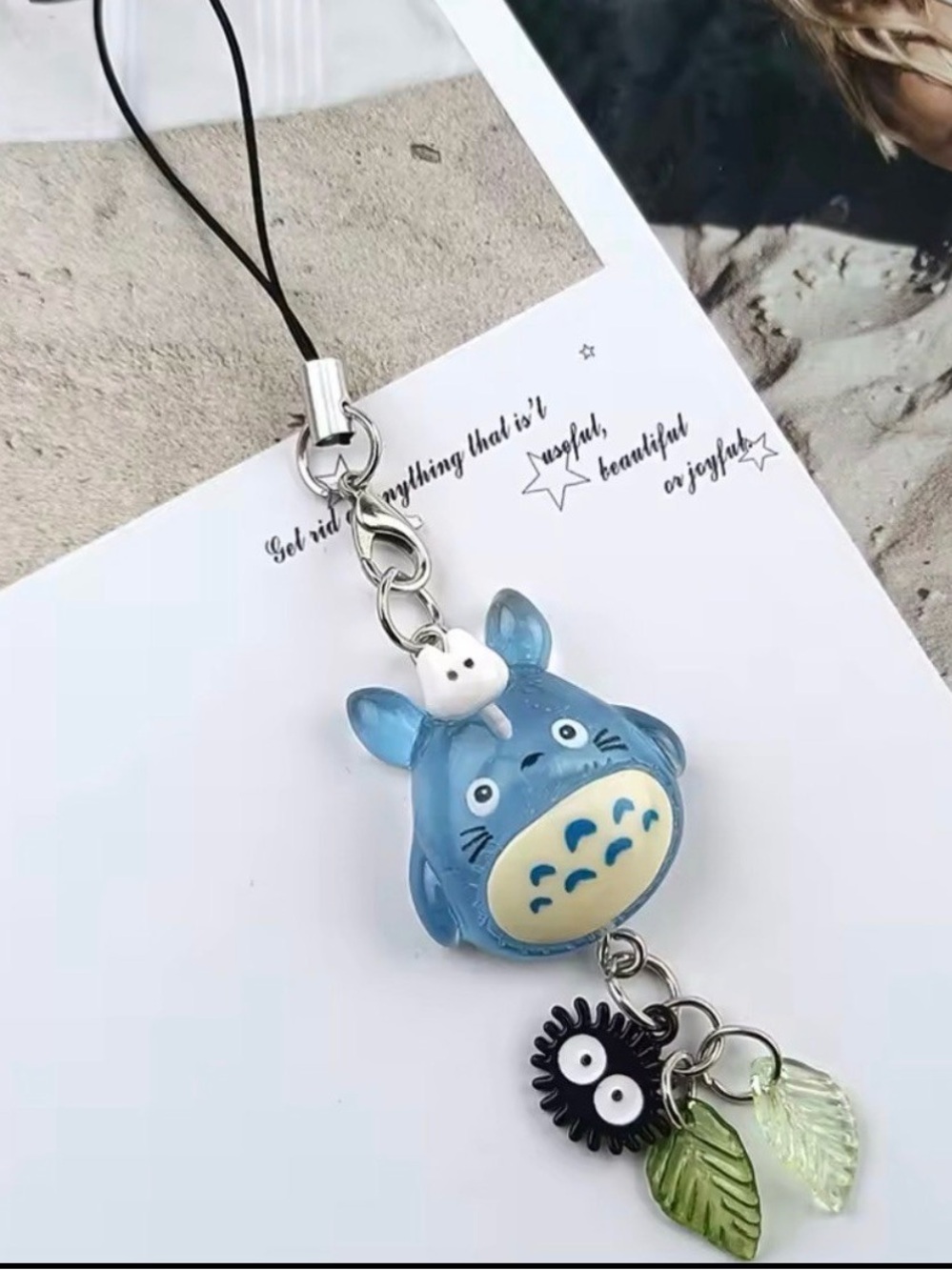 Blue Totoro-Inspired  Phone Charm with Leaf and Soot Sprite Accents